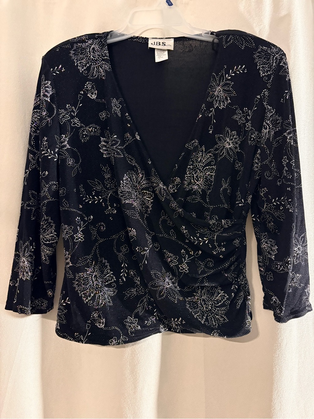 Vintage 1990s J.B.S. Women's Black Floral Wrap-Front Top